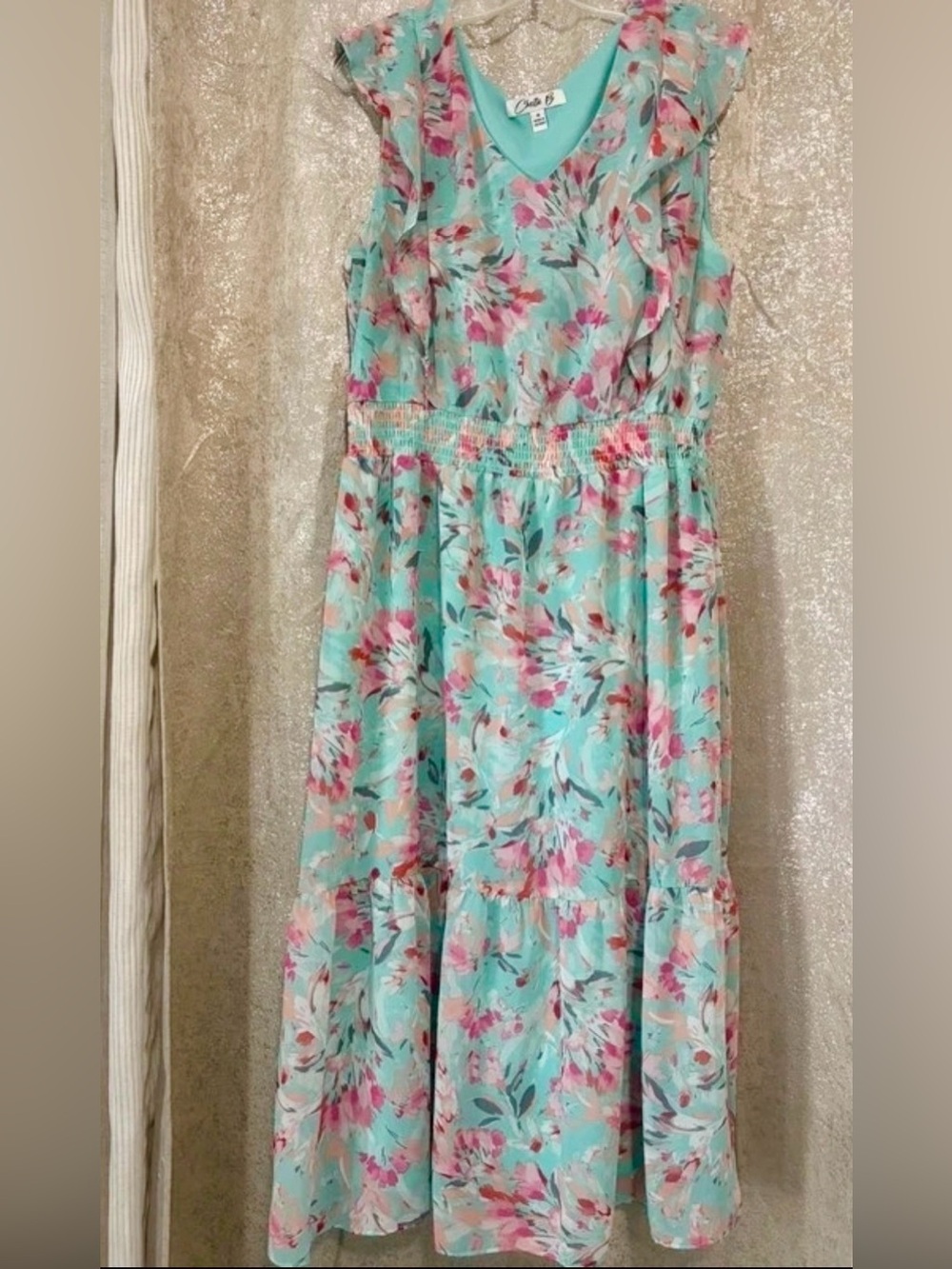 Chetta B Floral Mint Maxi Dress with Pink Accents - Women's size 16 XL